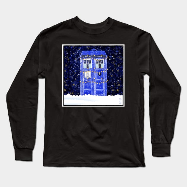 Blue Police Box With Christmas Lights Snow and Stars Long Sleeve T-Shirt by OrionLodubyal